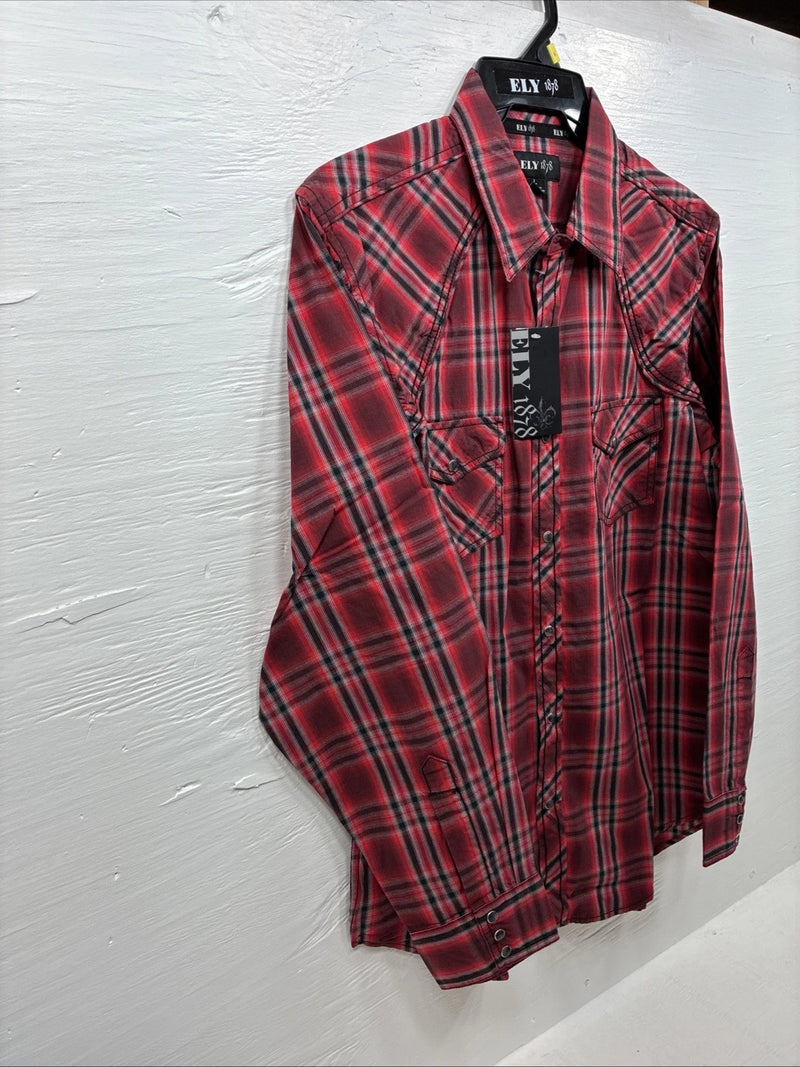 New Men’s ELY 1878 Red Black Plaid Long Sleeve Pearl Snap Large Q-69