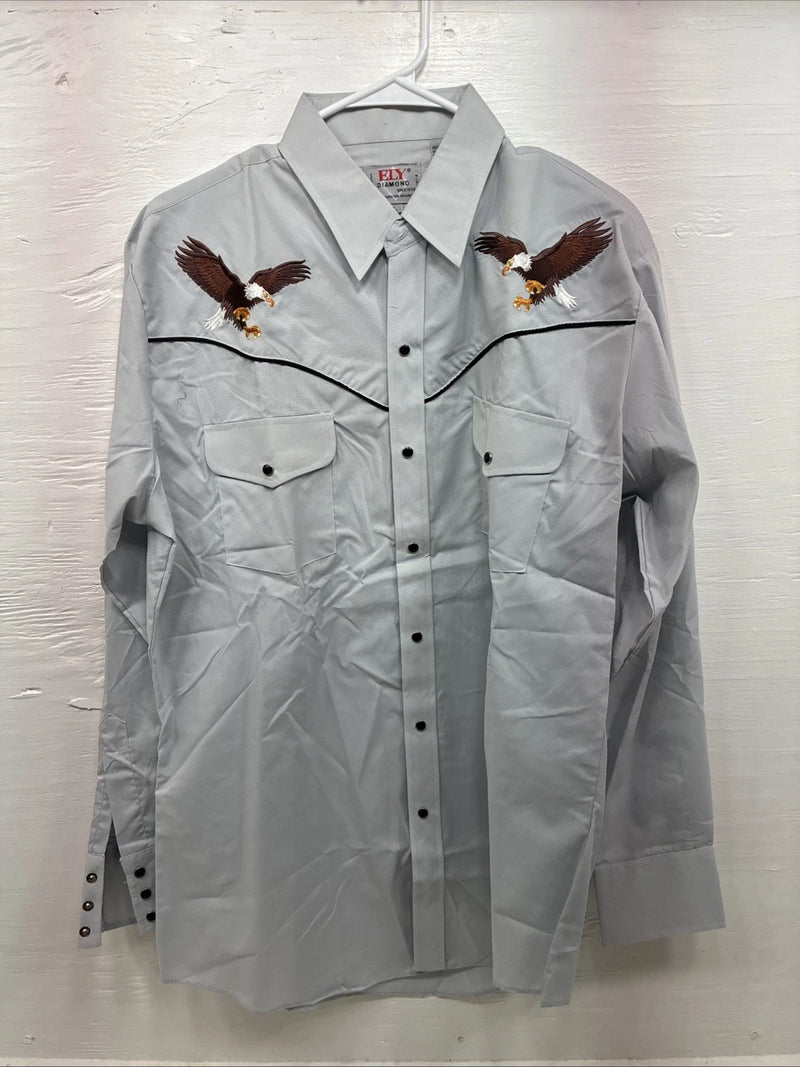 New Men’s ELY Diamond Gray Eagle Design Long Sleeve Pearl Snap Large CC-64