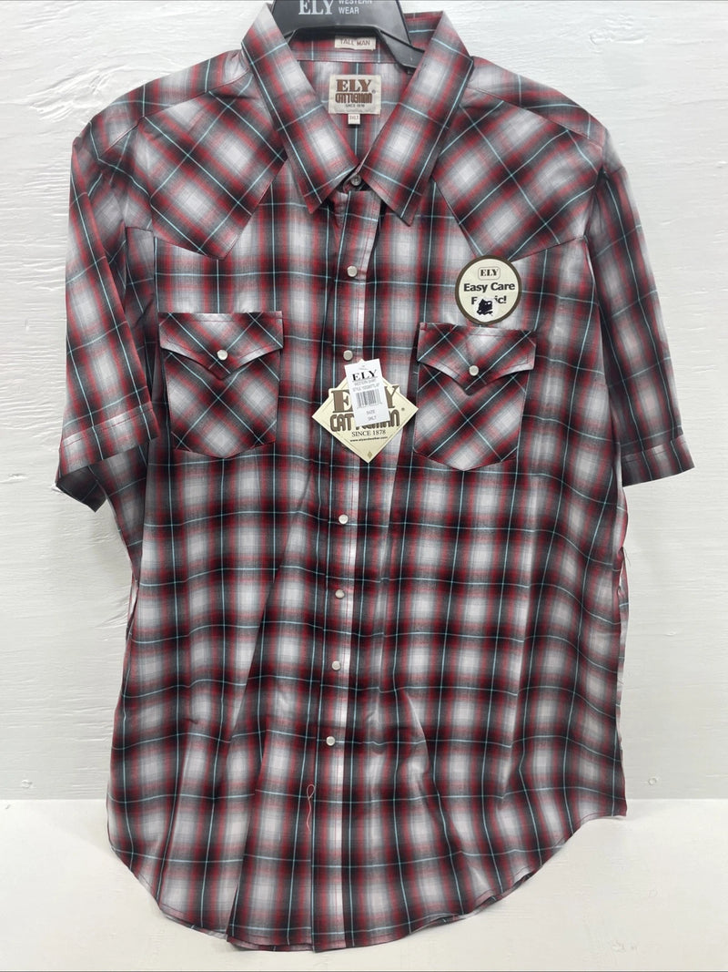 New Men’s ELY Cattleman red Short Sleeve Pearl Snap 3XL E-24