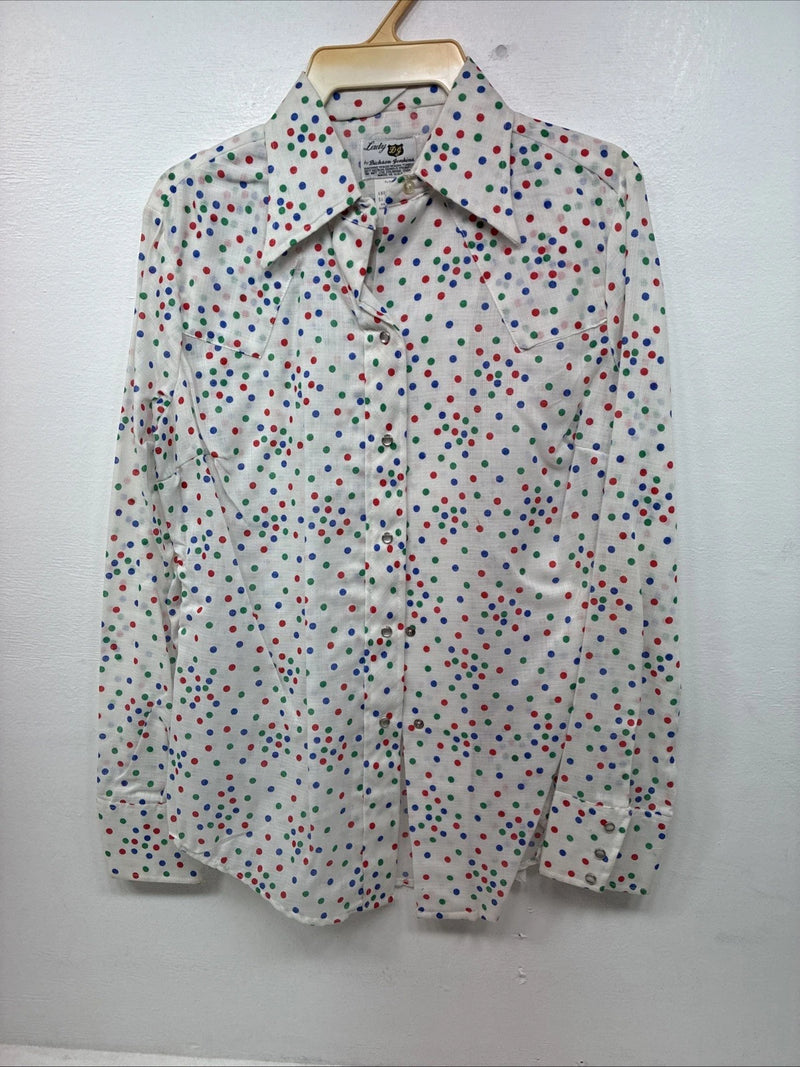 New Women’s Dickson Jenkins White Polkadot Long Sleeve Pearl Snap Size 38 LL-93