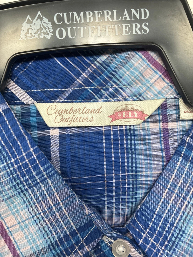 New Women’s Cumberland Blue Plaid Long Sleeve Pearl Snap XL GG-59