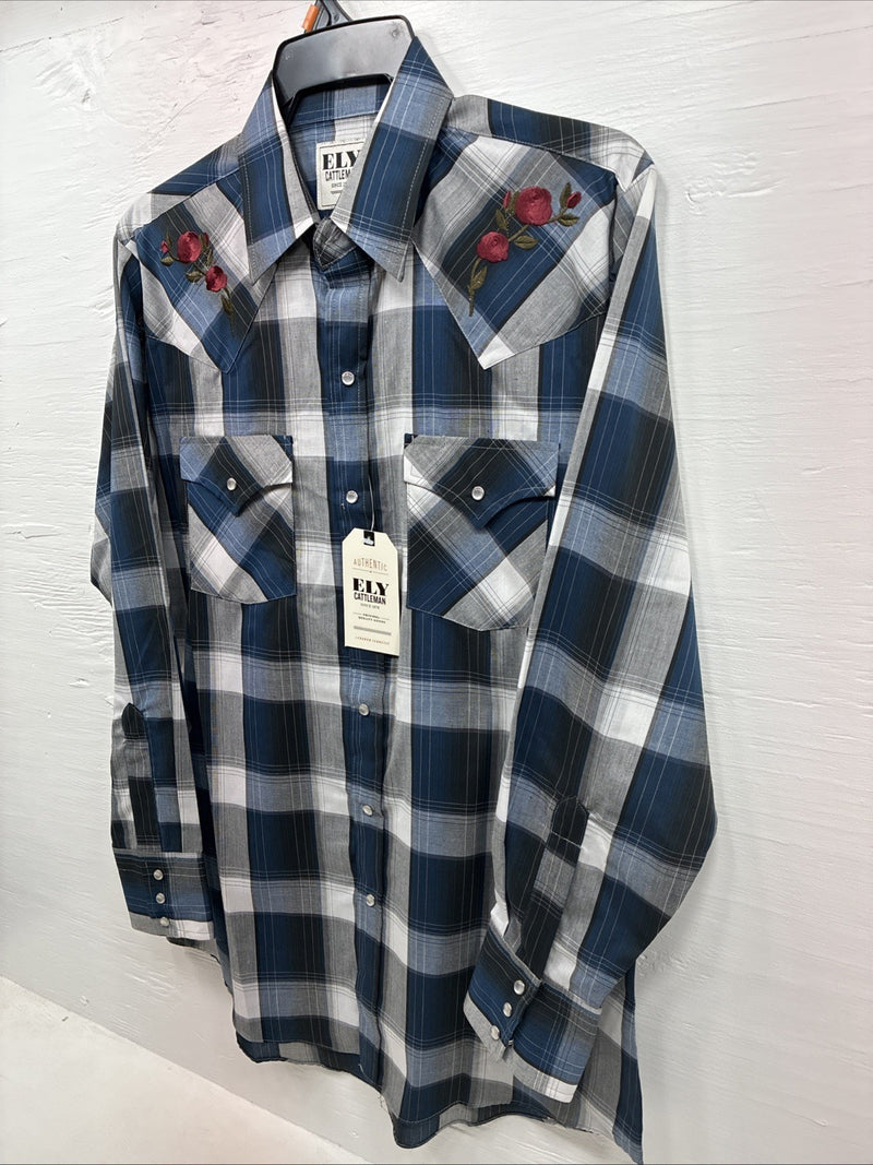 New Men’s ELY Cattleman Blue Gray Plaid Long Sleeve Pearl Snap Medium J-90