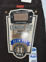 New Men’s Cowboy Cut Slim Fit Brown Denim Wrangler Jeans. 13x34 F-30