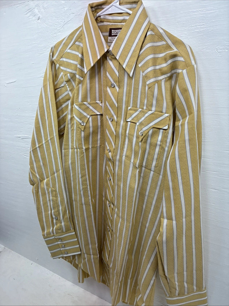 New Men’s Fenton Yellow Stripe Long Sleeve Pearl Snap 16 Large CC-69