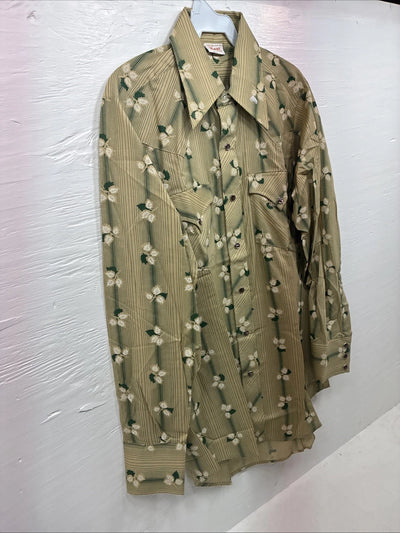 New Men’s ELY Plains Green Floral Long Sleeve Pearl Snap 15.5 X 34 Medium X-14