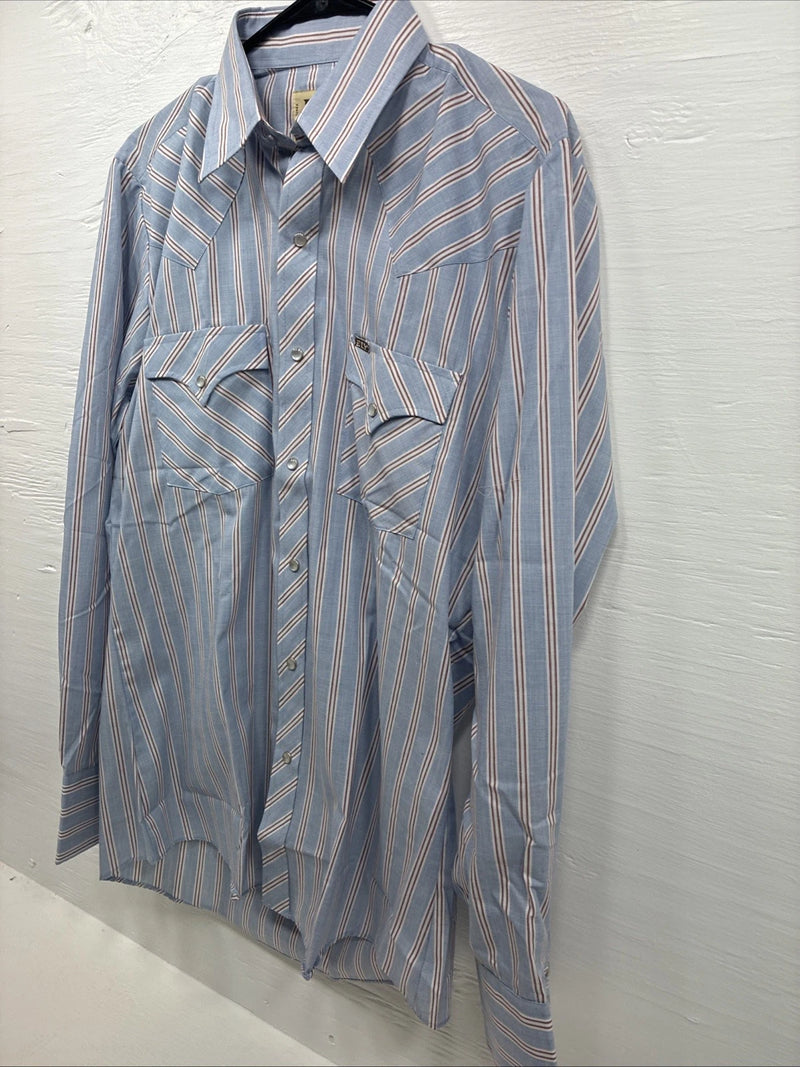 New Men’s ELY Cattleman blue Stripe Long Sleeve Pearl Snap 15.5 Medium Q-106