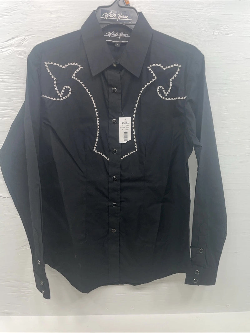 New Men’s White Horse Black Long Sleeve Pearl Snap Medium B-101