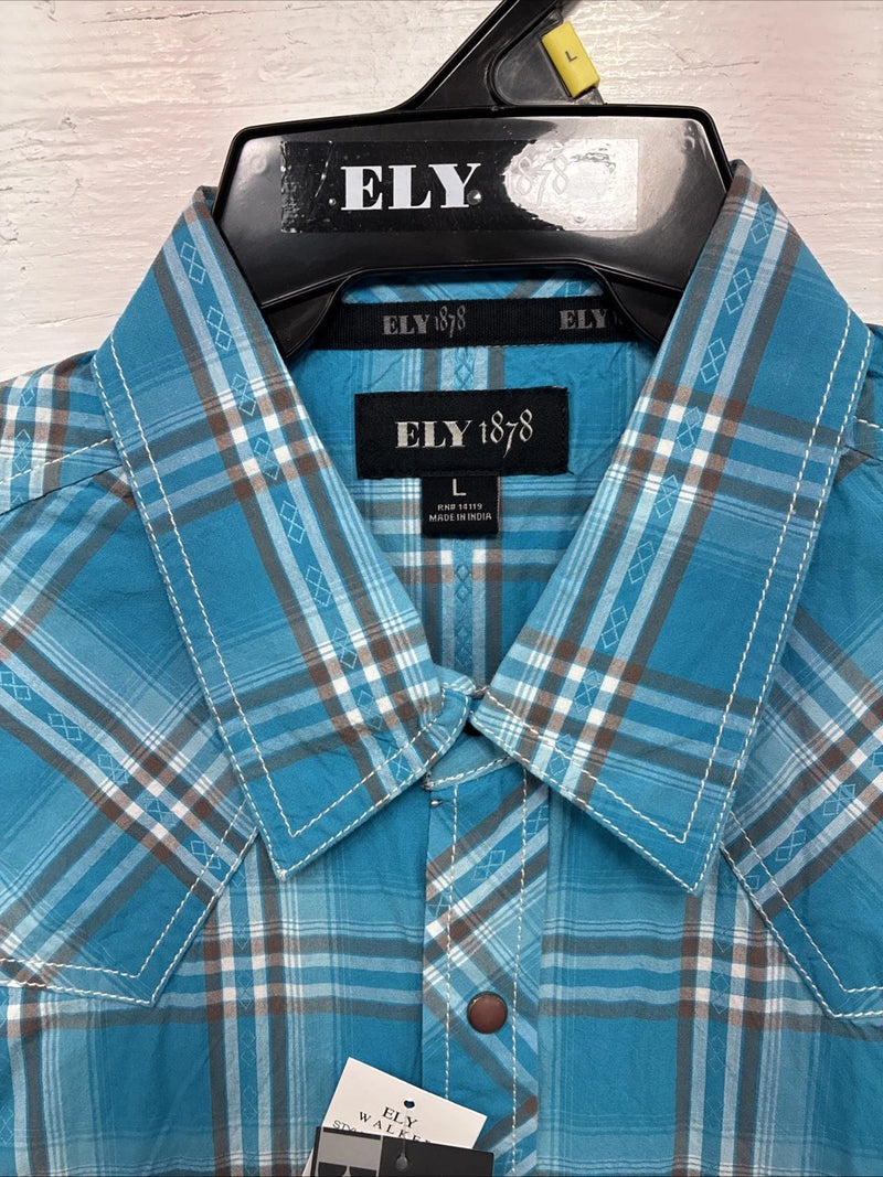 New Men’s ELY 1878 Blue Plaid Short Sleeve Pearl Snap Large X-32
