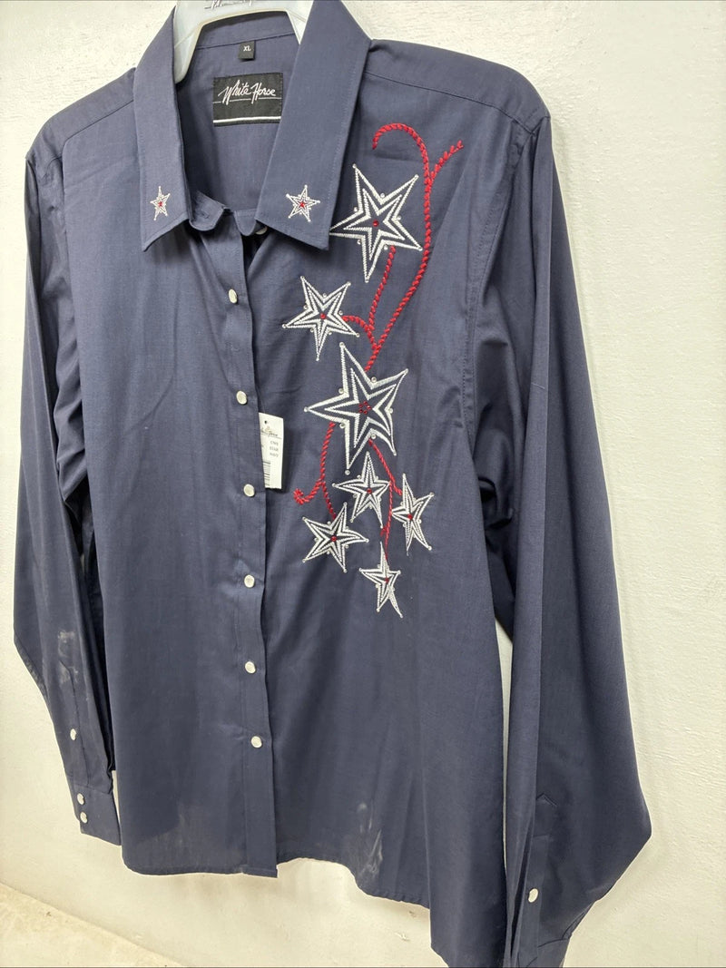 New Women’s White Horse Blue Rhinestone Long Sleeve Pearl Snap Size XL YY-73