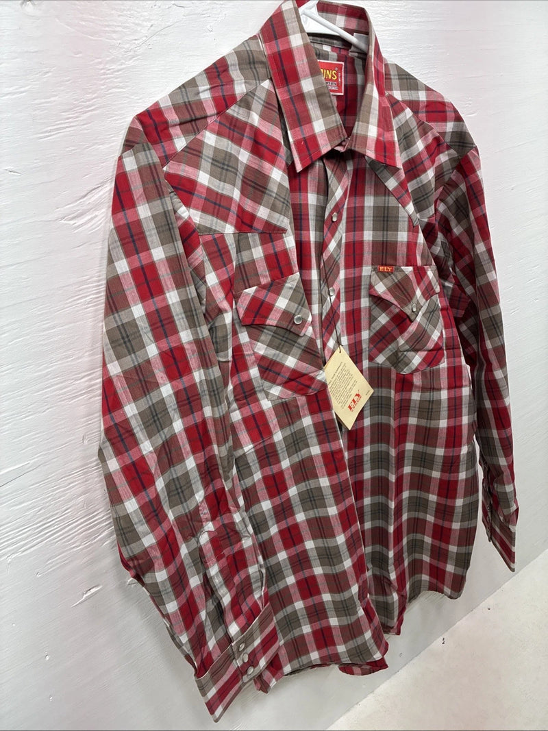 New Men’s ELY Plains Red Plaid Long Sleeve Pearl Snap 16.5 X 34 Large CC-71