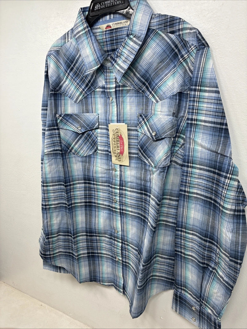 New Women’s Cumberland Blue Purple Plaid Long Sleeve Pearl Snap Size 1X TT-114