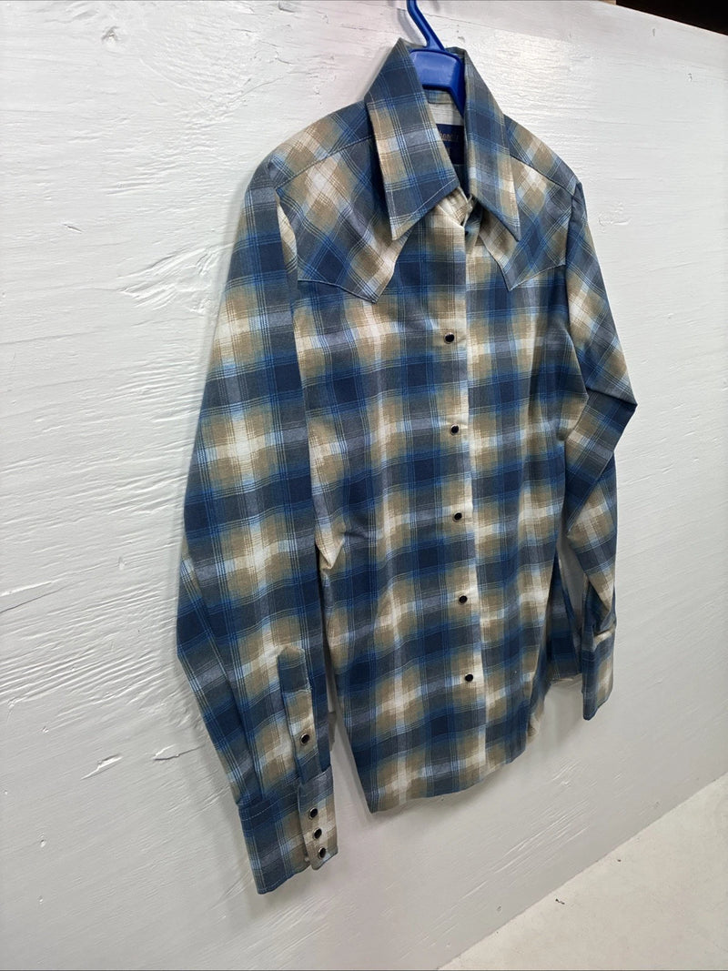 New Kids Panhandle Slim Blue Green Plaid Long Sleeve Pearl Snap Size 10 CC-83
