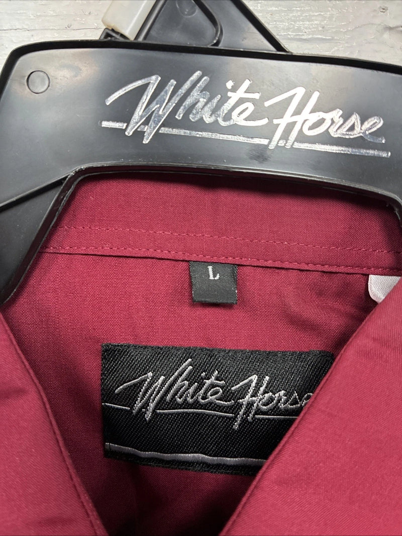 New Men’s White Horse Burgundy Simple Long Sleeve Pearl Snap Large K-67
