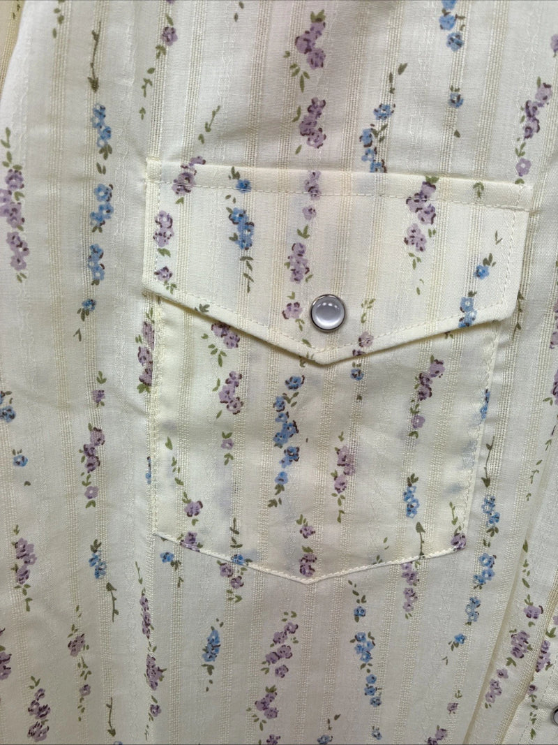 New Women’s White horse Yellow Floral Long Sleeve Pearl Snap Large GG-86