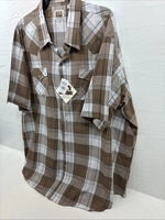 New Men’s ELY Cattleman Tan White Flannel Short Sleeve Pearl Snap 4XL E-69
