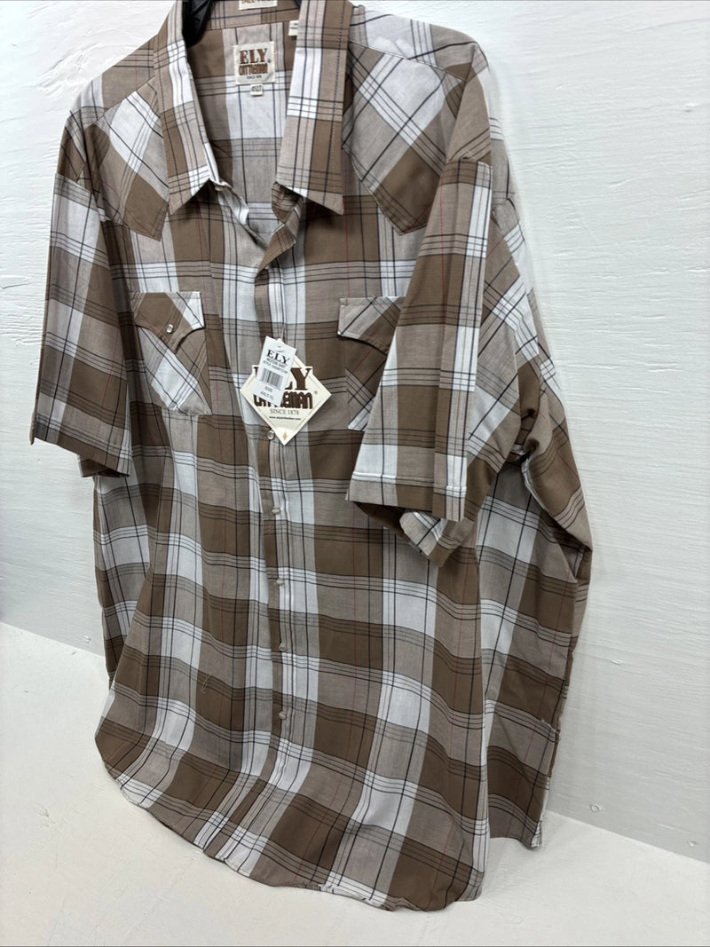 New Men’s ELY Cattleman Tan White Flannel Short Sleeve Pearl Snap 4XL E-69