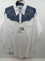 New Men’s ELY Cattleman White Blue Embroidered Long Sleeve Pearl Snap 2XL H-29