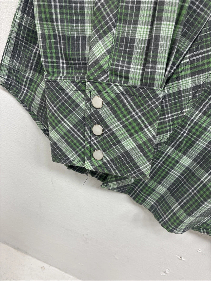 New Kids White Horse Green Plaid Long Sleeve Pearl Snap XL DD-59 