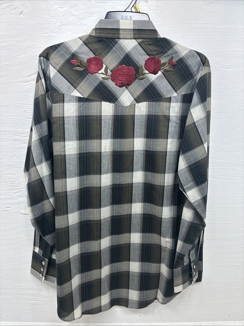 New Men’s ELY Cattleman Green Gray Plaid Long Sleeve Pearl Snap Large X-27