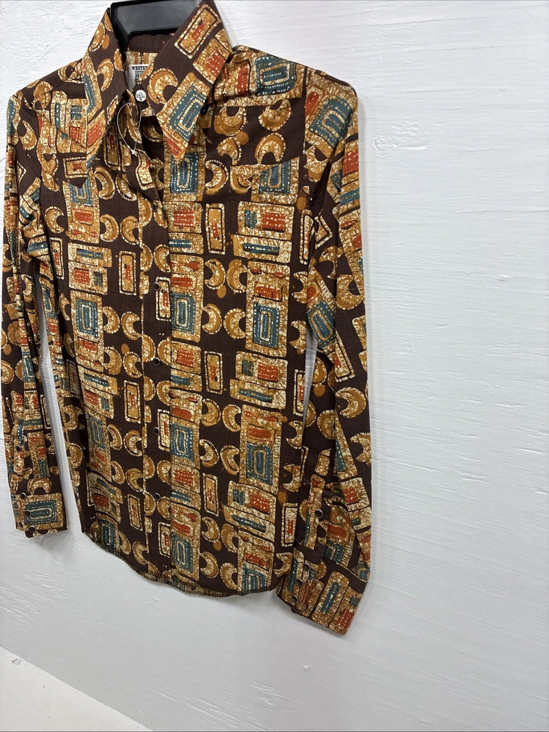 New Men’s Panhandle Slim Brown Gold Design Long Sleeve Pearl Snap XS J-68
