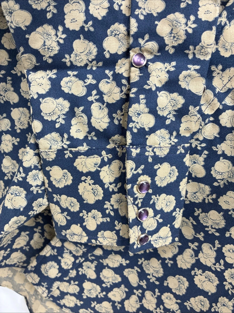 New Men’s Stockman Blue Brown Designed Long Sleeve Pearl Snap 15.5 Medium V-2