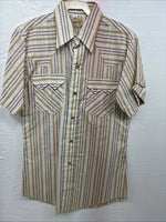 New Men’s Dee-Cee Tan Yellow Stripe Design Short Sleeve Pearl Snap Small O-80