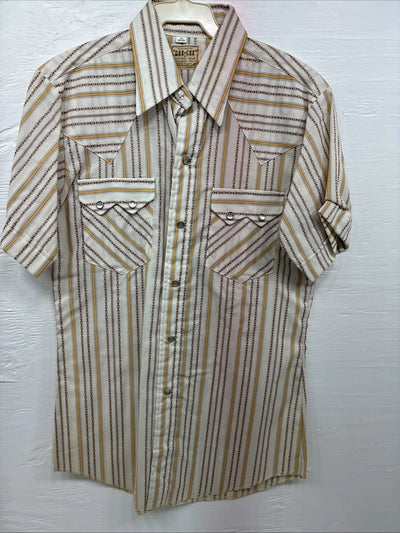 New Men’s Dee-Cee Tan Yellow Stripe Design Short Sleeve Pearl Snap Small O-80