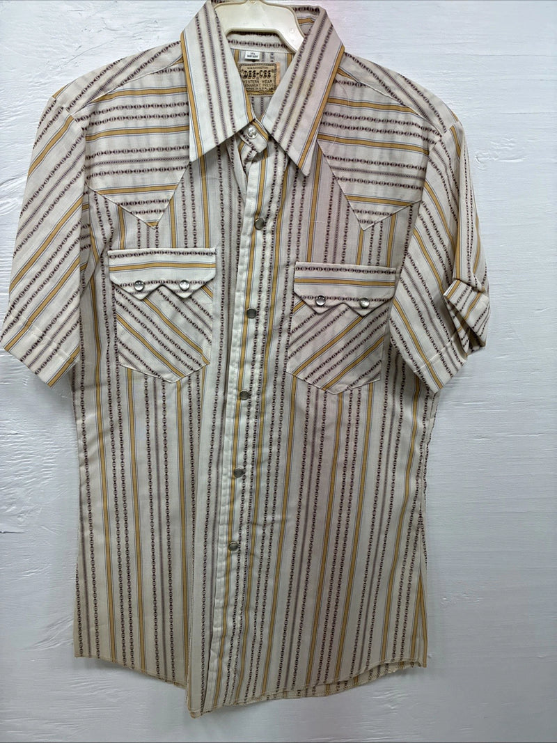 New Men’s Dee-Cee Tan Yellow Stripe Design Short Sleeve Pearl Snap Small O-80