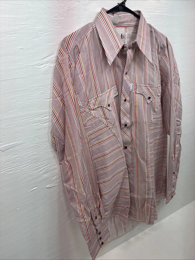 New Men’s Tem Tex Pink Multicolor Stripe Long Sleeve Pearl Snap 16 Large M-27