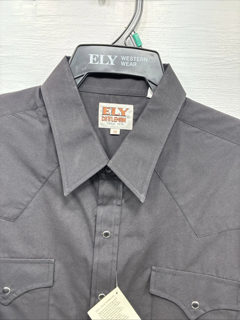New Men’s ELY Cattleman Black Simple Short Sleeve Pearl Snap 18 2XL F-94