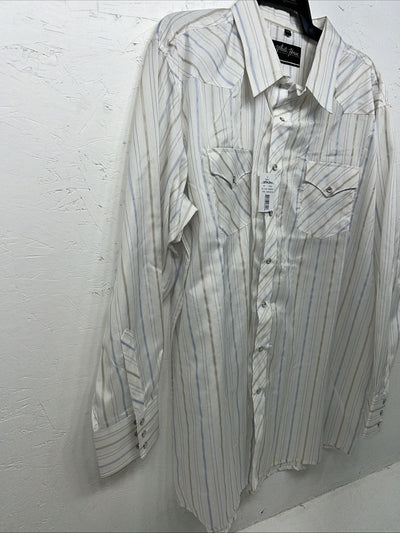 New Mens White Stripped White House Pearl Snap Long Sleeve Shirt. XXL G-63