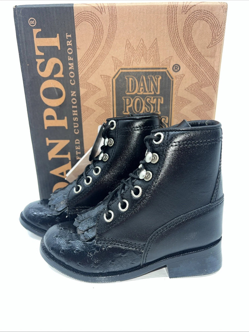 New Infants Black Ostrich Print Lace Up Dan Post Cowboy Boots. 5.5 5 1/2 D. 24-6