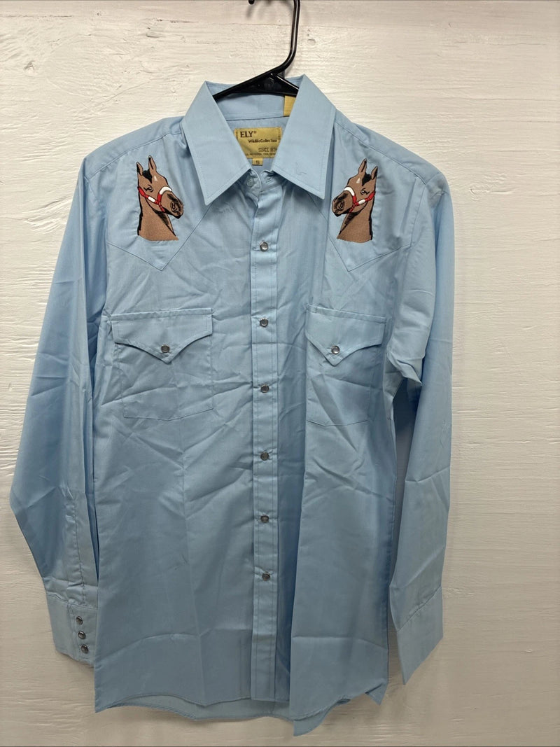 New Men’s ELY Wildlife Blue Horse Embroidered Long Sleeve Pearl Snap Small M-33