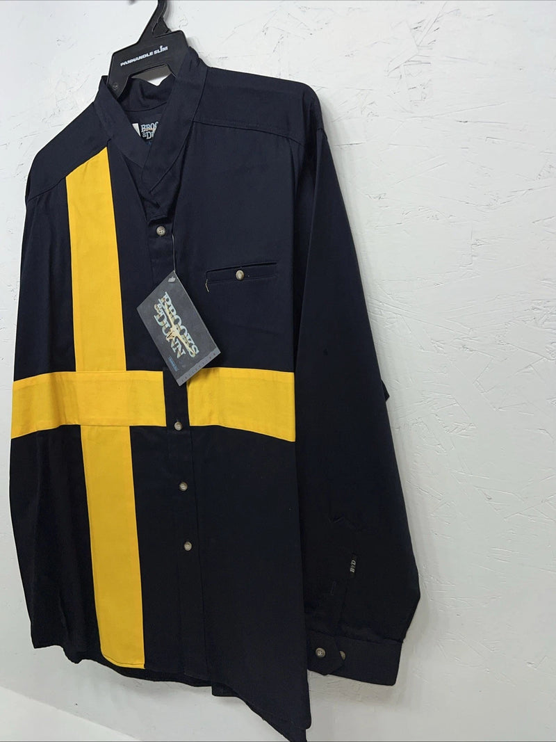 New Mens Yellow Navy Brooks&Dunn Long Sleeve Button Up Shirt. 18x35 XXL G-62