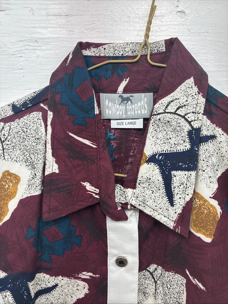 New Youth’s Cowboy Threads White Purple Design Long Sleeve Button Up Large V-74 