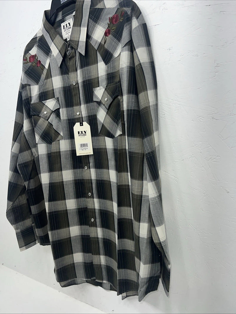 New Men’s Green Plaid Rose ELY cattleman Pearl Snap Long Sleeve Shirt. XXL G-66
