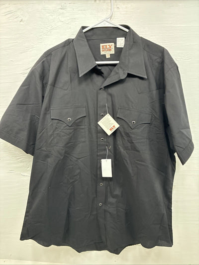 New Men’s ELY Cattleman Western Black Short Sleeve Pearl Snap 17.5 XL R-61