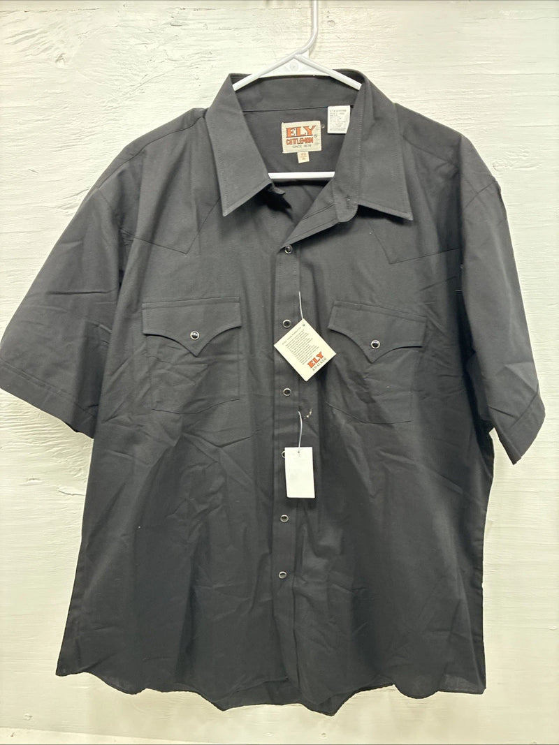 New Men’s ELY Cattleman Western Black Short Sleeve Pearl Snap 17.5 XL R-61