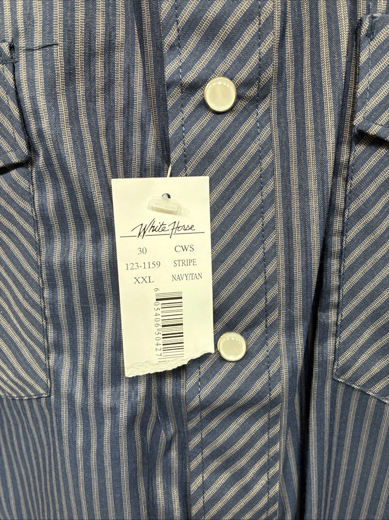 New Men’s White Horse Navy Blue Stripe Long Sleeve Pearl Snap 2XL F-96