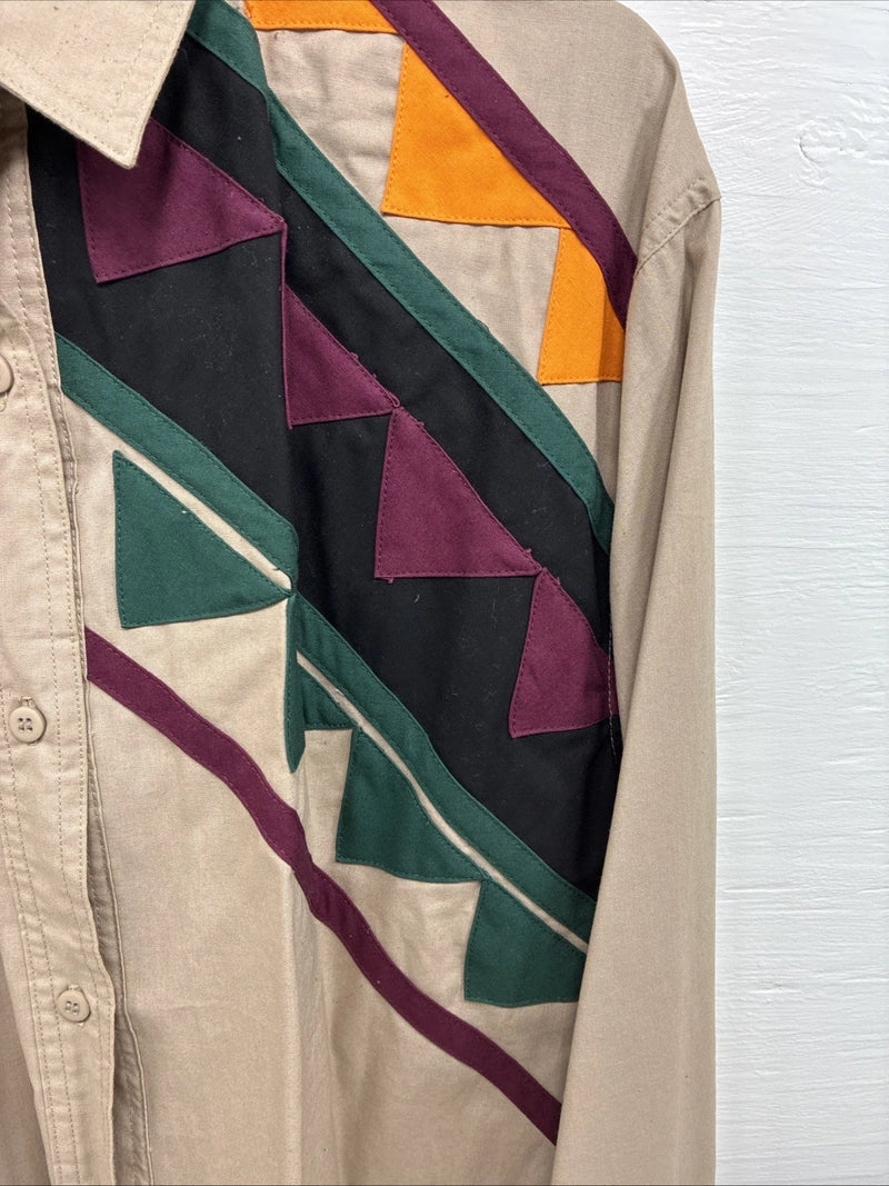 New Men’s San Angela Tan Multicolor Design Long Sleeve Button Up Medium K-74