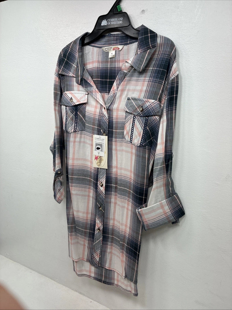 New Women’s Cumberland Pink Purple Plaid Long Sleeve Button Up XL GG-85