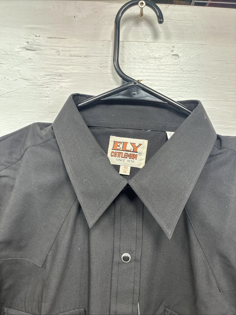 New Men’s ELY Cattleman Simple Black Long Sleeve Pearl Snap 16.5 Large M-54