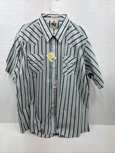 New Men’s ELY Cattleman Blue White Stripe Short Sleeve Pearl Snap 3XL E-41