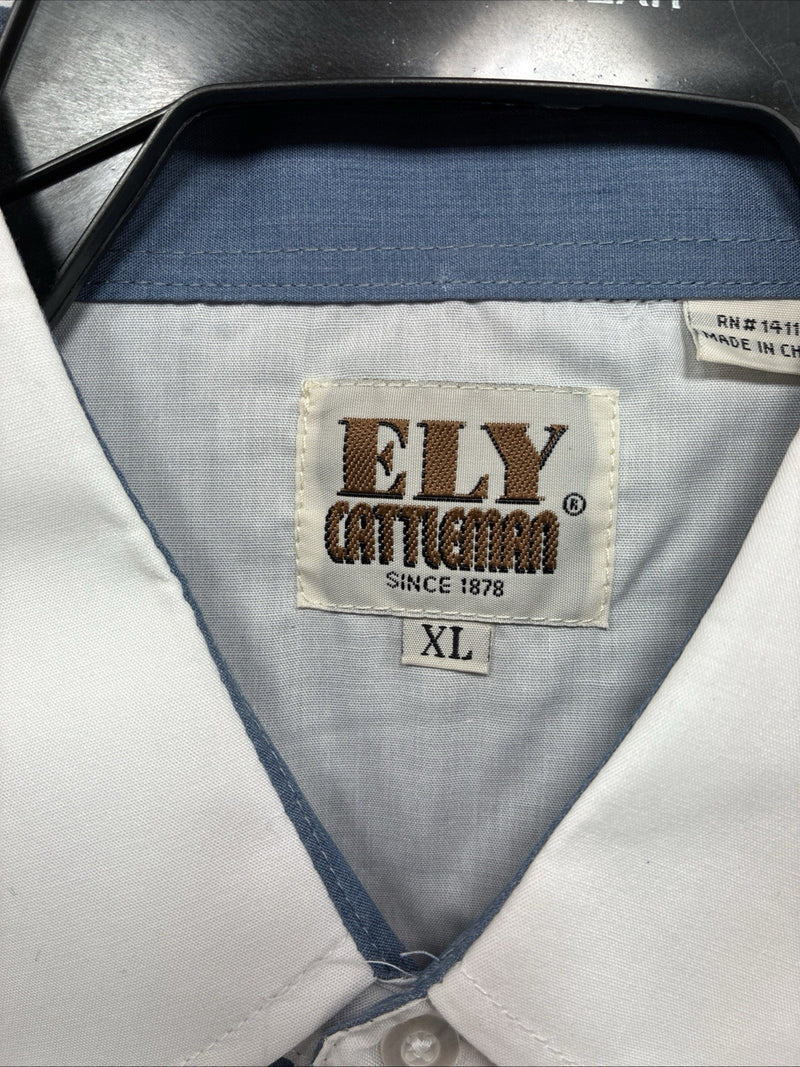 New Men’s ELY Cattleman White Blue Embroidered Long Sleeve Pearl Snap XL H-75