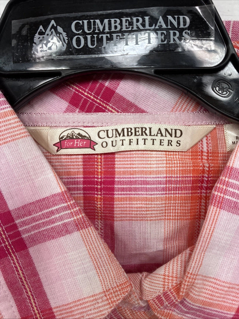 New Women’s Cumberland Pink Orange Plaid Long Sleeve Pearl Snap Large II-106