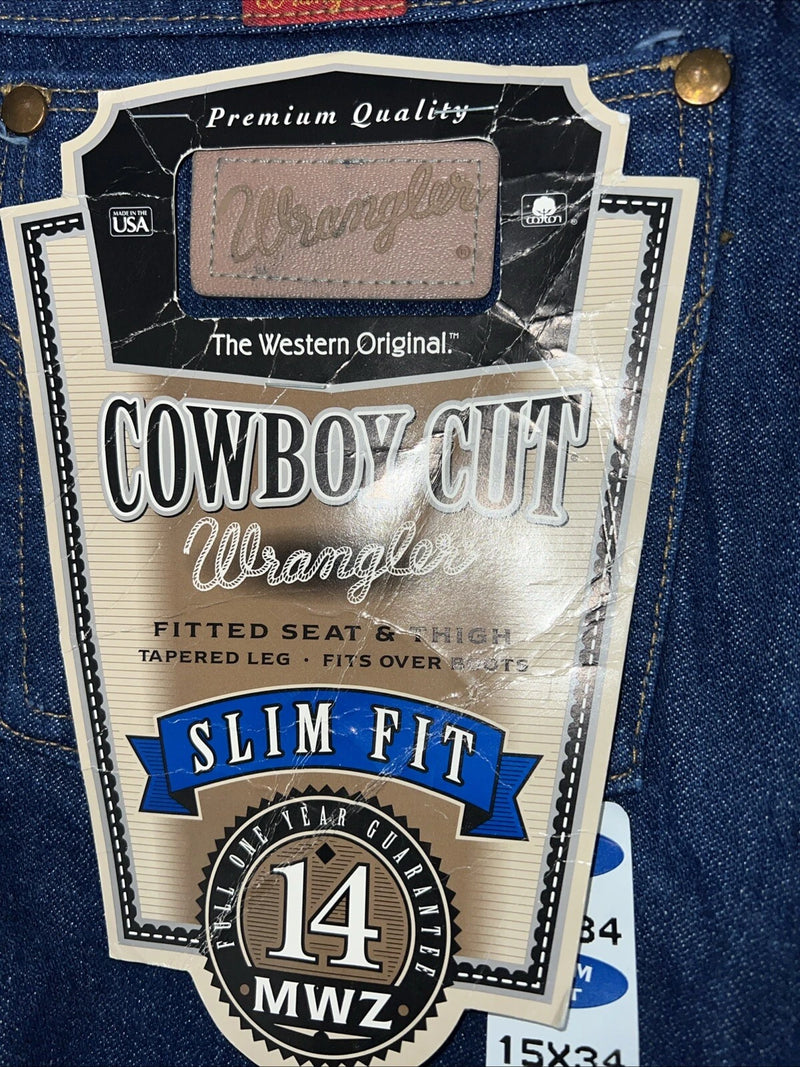 New Men’s Cowboy Cut Slim Fit Wrangler Denim Jeans. 15x34 F-41