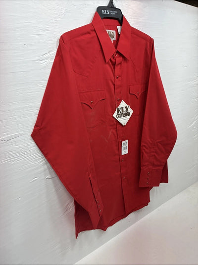 New Men’s ELY Cattleman Red Simple Long Sleeve Pearl Snap 17 XL O-70