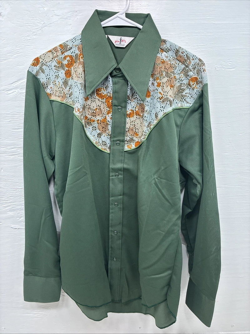 New Women’s Tem Tex Green Floral Long Sleeve Pearl Snap 16 XL CC-95