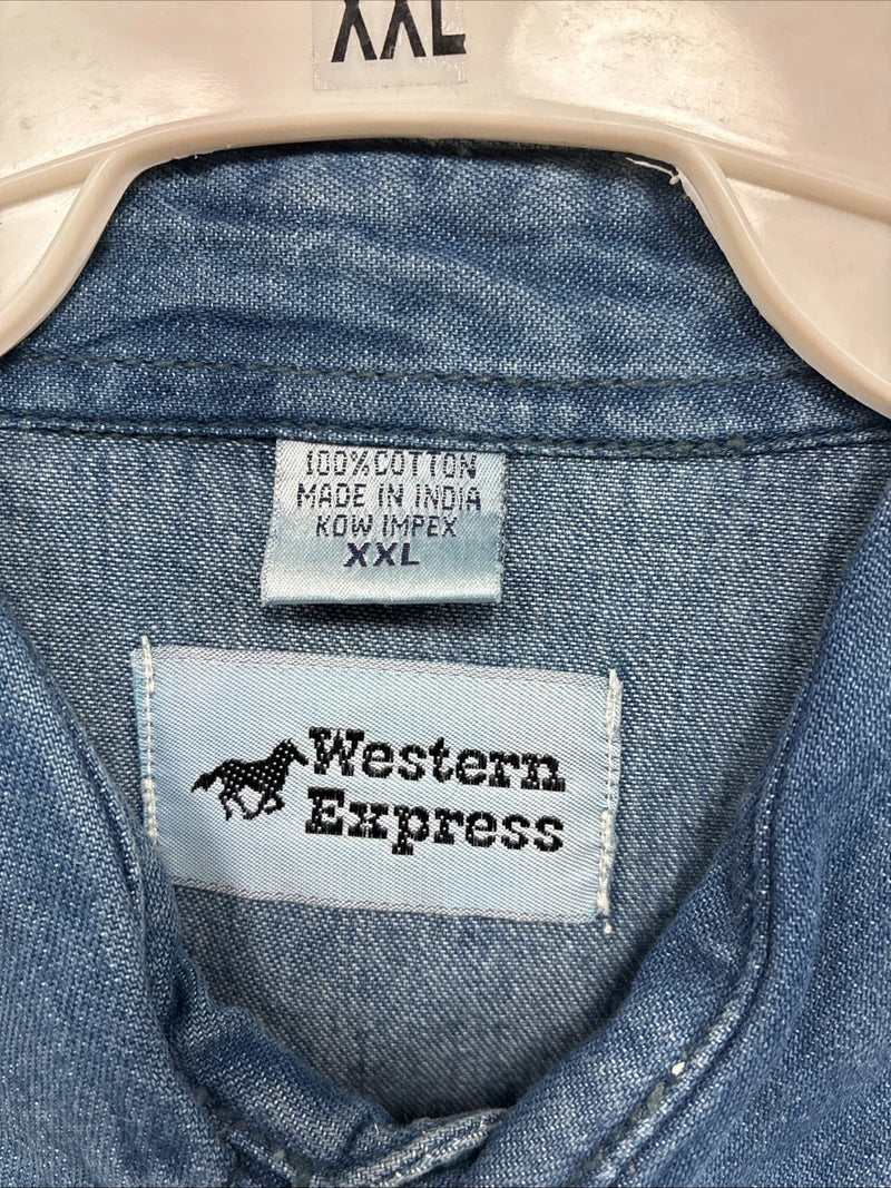 New Men’s Western Express Blue Jean Shirt Long Sleeve Pearl Snap 2XL H-25