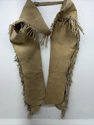 NOS Tan Show Chaps With Fringe Adjustable Waist 42” L-48